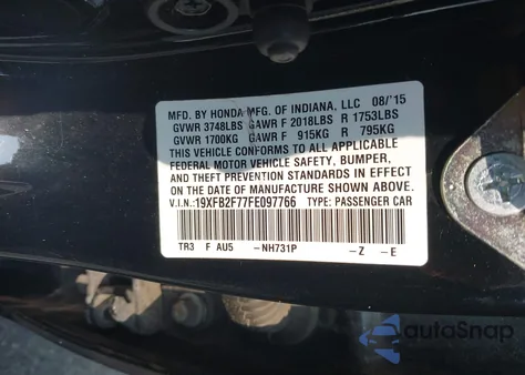 2015 Honda Civic Se z USA, uszkodzony, nr VIN 19XFB2F77FE097766